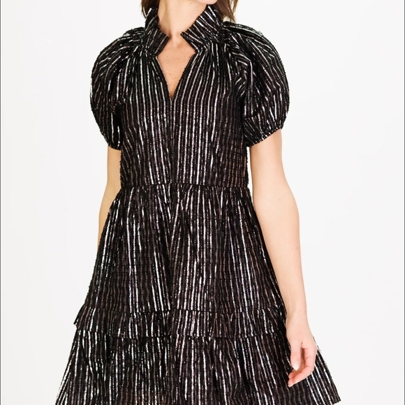 Duffield Lane Black Metallic Stripes Tiered Puff Sleeve Whimsygoth Holiday Dress - Picture 5 of 13